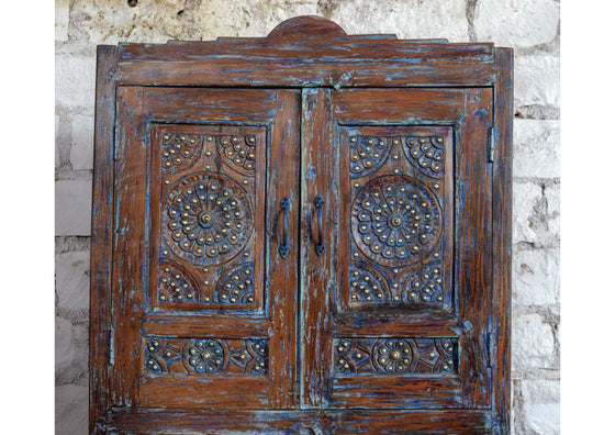 Antique Hand Carved Armoire Floral Distress Blue Brass Studs Cabinet