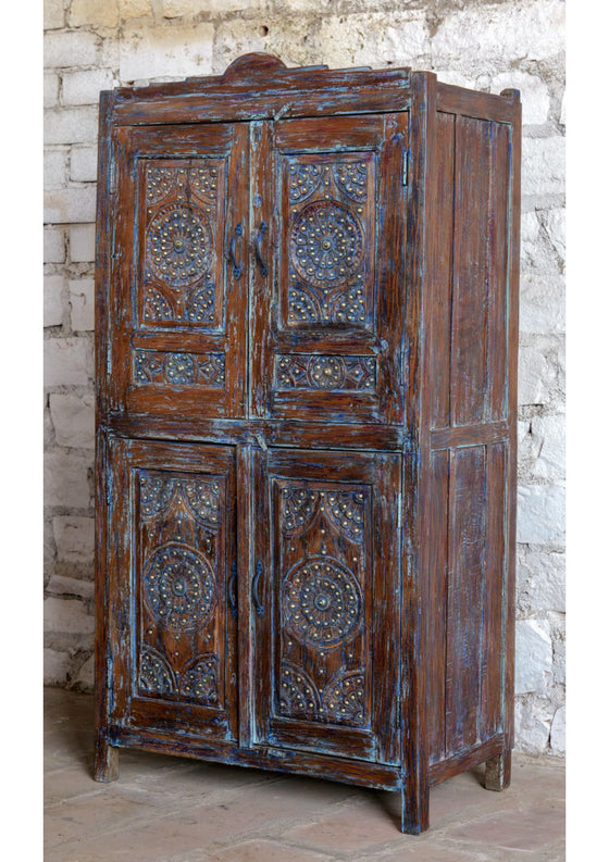 Antique Hand Carved Armoire Floral Distress Blue Brass Studs Cabinet