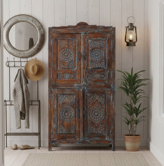 Antique Hand Carved Armoire Floral Distress Blue Brass Studs Cabinet