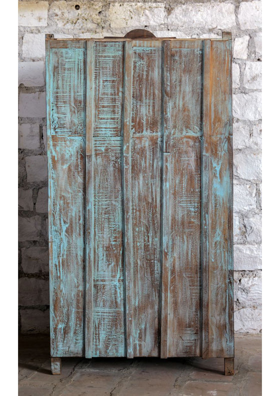 Antique Hand Carved Armoire Floral Distress Blue Brass Studs Cabinet