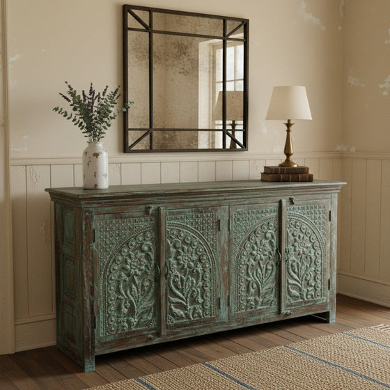 Antique Blue Sideboard Brass Studs Storage Chest Buffet Credenza