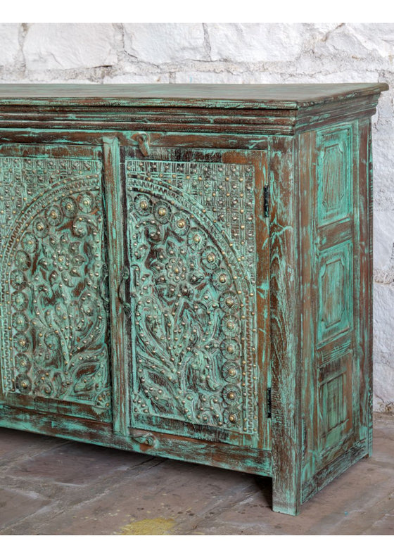 Antique Blue Sideboard Brass Studs Storage Chest Buffet Credenza