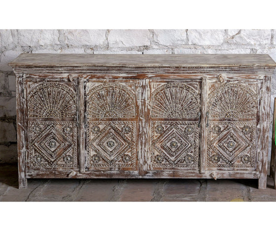 Antique Whitewash Sideboard Brass Studs Floral Carved Buffet Chest 
