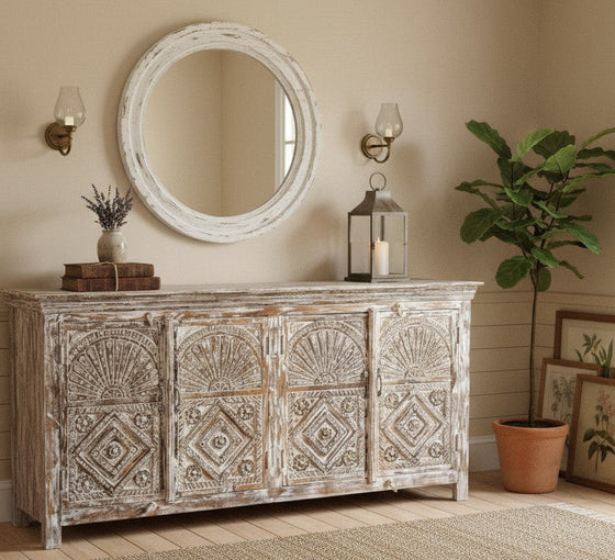 Antique Whitewash Sideboard Brass Studs Floral Carved Buffet Chest 