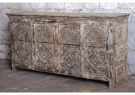 Antique Whitewash Sideboard Brass Studs Floral Carved Buffet Chest 