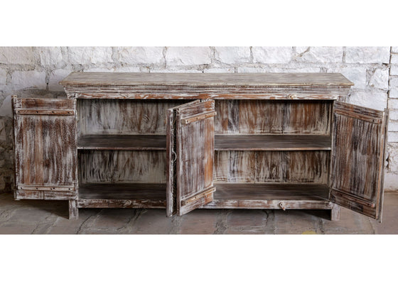 Antique Whitewash Sideboard Brass Studs Floral Carved Buffet Chest 