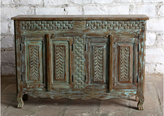 Antique Hand Carved Sideboard Distress Blue Brass Studs Buffet Dresser