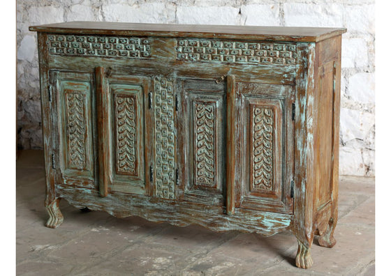 Antique Hand Carved Sideboard Distress Blue Brass Studs Buffet Dresser