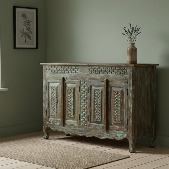 Antique Hand Carved Sideboard Distress Blue Brass Studs Buffet Dresser