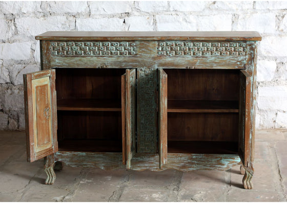 Antique Hand Carved Sideboard Distress Blue Brass Studs Buffet Dresser