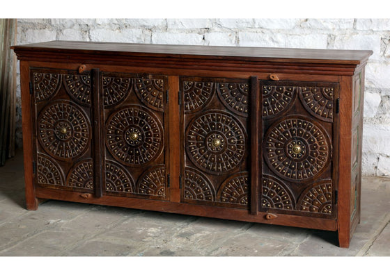 Antique Storage Sideboard Brass Studs Carved Floral Buffet Dresses