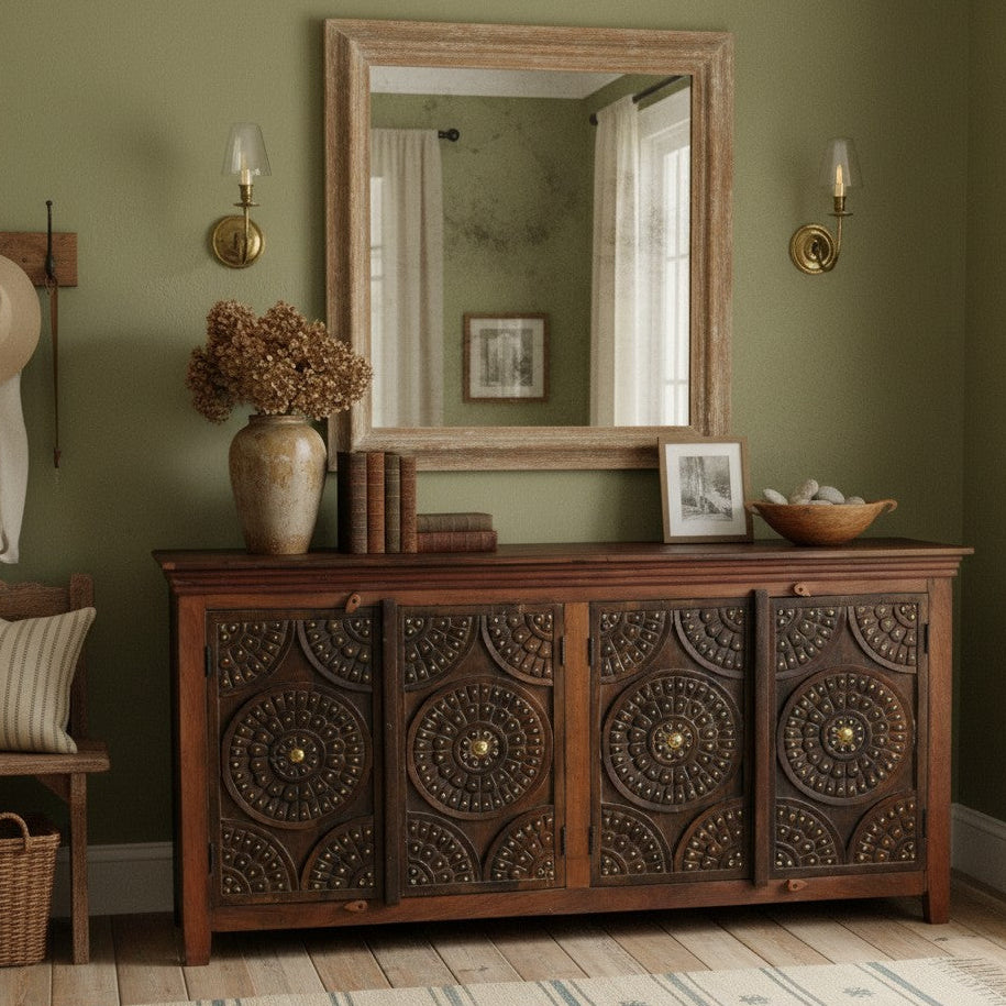 Antique Carved Lotus Sideboard Two Tone Buffet Credenza