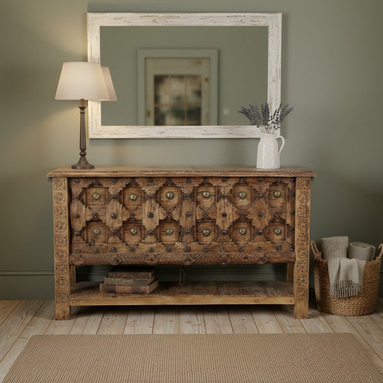 Antique Hand Carved Console Table Brown Iron Studs Entryway Table