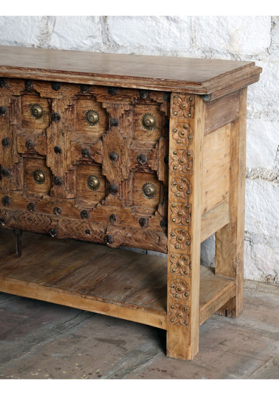 Antique Hand Carved Console Table Brown Iron Studs Entryway Table