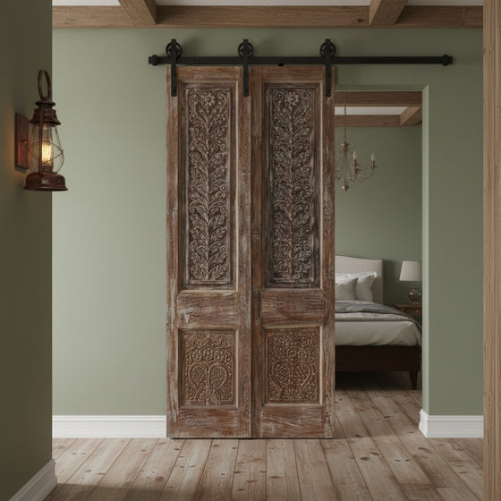 Antique Carved Barn Door Brass Studs Sliding Door Double Doors