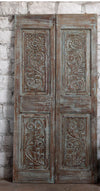 Antique Artisan Carved Door Distress Blue Double Door Floral Barn Door 