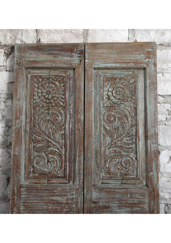 Antique Artisan Carved Door Distress Blue Double Door Floral Barn Door 