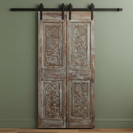 Antique Artisan Carved Door Distress Blue Double Door Floral Barn Door 