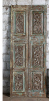 Antique Carved Double Door Floral Distress Blue Sliding Barn Doors