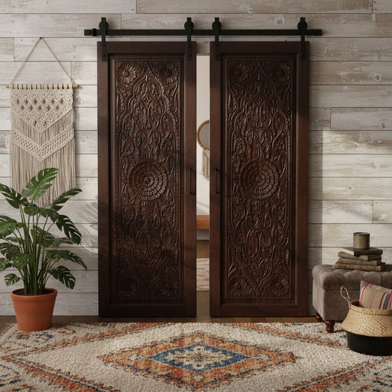 Antique Artistic Barn Door Lotus Carved Sliding Door Double Doors