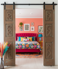  Antique Carved Double Door Floral Distress Blue Sliding Barn Doors