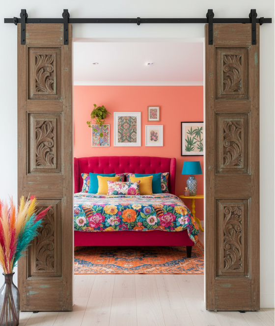 Antique Carved Double Door Floral Distress Blue Sliding Barn Doors