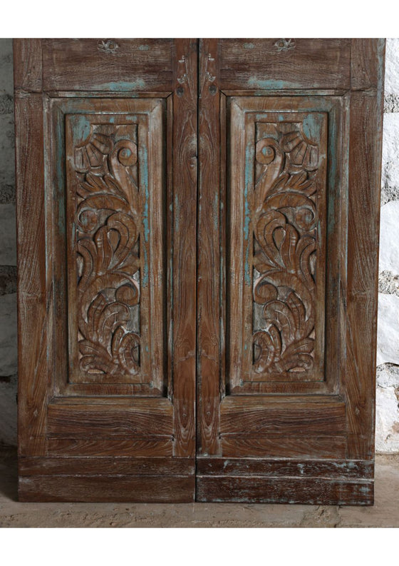 Antique Carved Double Door Floral Distress Blue Sliding Barn Doors