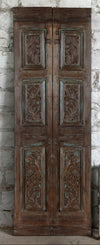 Antique Carved Double Door Floral Distress Blue Sliding Barn Doors