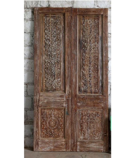Antique Carved Double Door with Brass Studs Sliding Barn Doors