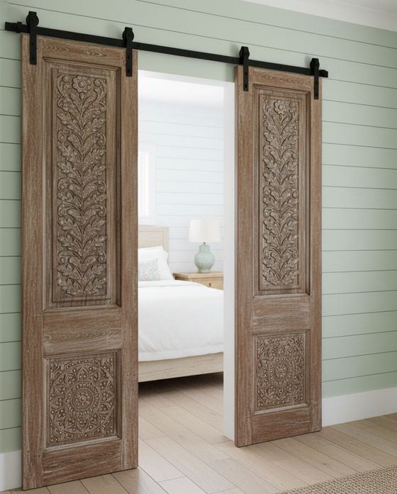 Antique Carved Double Door with Brass Studs Sliding Barn Doors