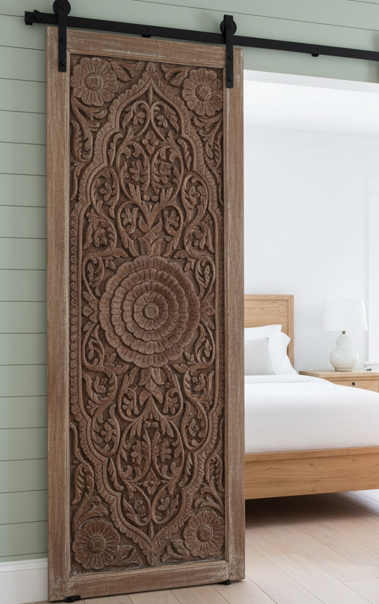 Antique Lotus Hand-Carved Barn Door – Solid Wood Statement Door