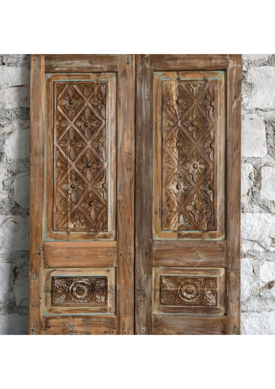 Antique Double Doors Whitewash Floral Carved French Doors