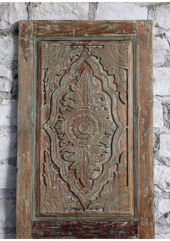Antique Carved Door Floral Blue Hues Sliding Door or Hinged Barn Door 