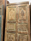 Antique Carved Wood Single Door Distressed Green Hinged Barn Door 80x35