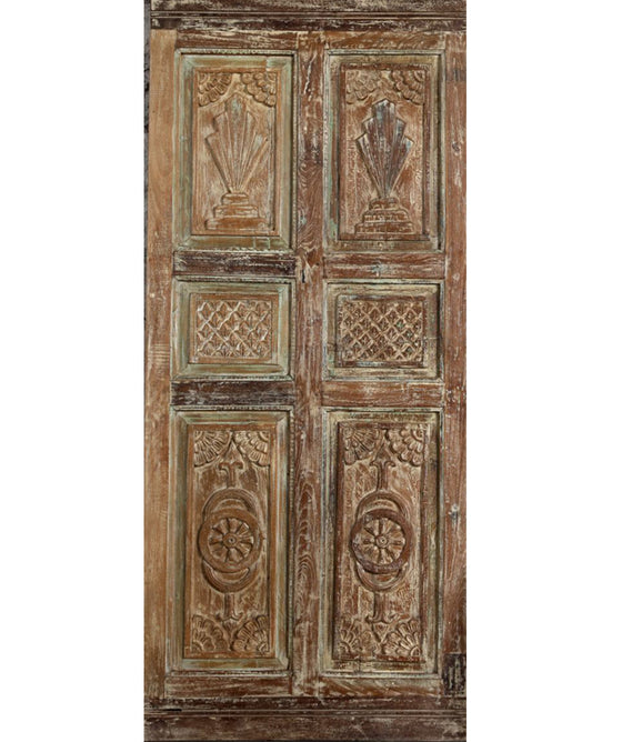 Antique Carved Single Door Distressed Wood Hinged or Barn Door 