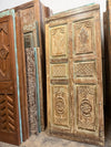 Antique Carved Wood Single Door Distressed Green Hinged Barn Door 80x35