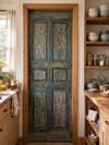 Antique Single Barn Door Hand Carved Distressed Teal Pantry Door Panel