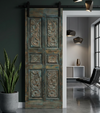 Antique Single Barn Door Hand Carved Distressed Teal Pantry Door Panel 80x27