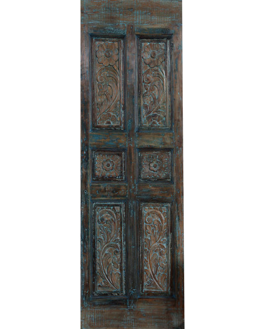 Antique Carved Door Blue Room Divider- Decorative Barn Door Panel