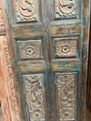 Antique Single Barn Door Hand Carved Distressed Teal Pantry Door Panel 80x27