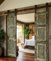 Antique Carved Closet Door Green Floral Sliding Barn Door Panel 80x35