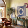 Antique Blue Carved Wood TV Console – Brass Accent Media Table  57