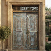 Antique Carved Wooden Door, Distressed Blue Floral Four Panel Wood Door 96x31.5