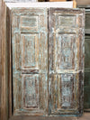 Antique Carved Door Distress Blue Floral Bedroom Entry Doors 96x31.5