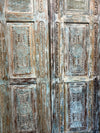 Antique Carved Door Distress Blue Floral Bedroom Entry Doors 96x31.5