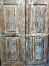 Antique Carved Door Distress Blue Floral Bedroom Entry Doors 96x31.5