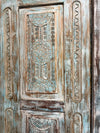 Antique Carved Door Distress Blue Floral Bedroom Entry Doors 96x31.5