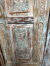 Antique Carved Door Distress Blue Floral Bedroom Entry Doors 96x31.5
