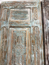 Antique Carved Door Distress Blue Floral Bedroom Entry Doors 96x31.5