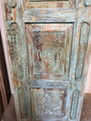 Antique Carved Door Blue Floral Panty Door Rustic Bedroom Door 96x29.5